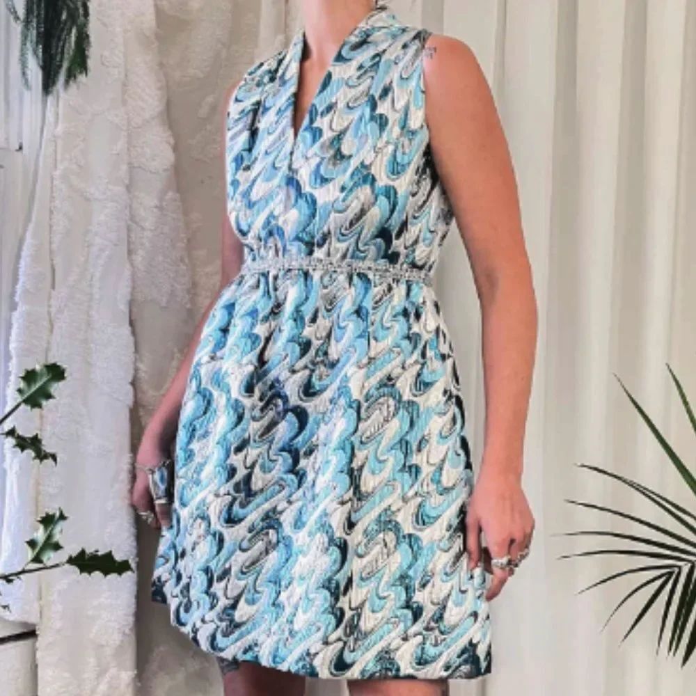 Romantic by Victor Costa Vintage 60׳s Blue Silver Brocade Metallic Mini Dress M